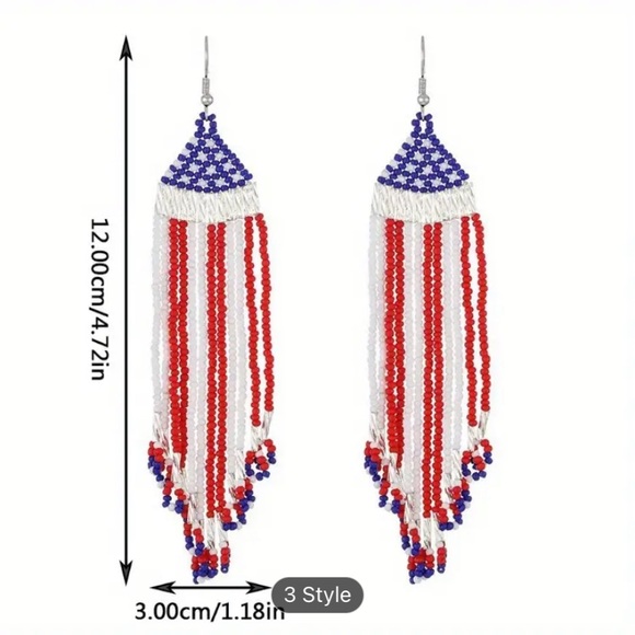 Bohemian USA flag pattern rice-like beads tassel hook earrings silver tone nwt - Picture 2 of 3